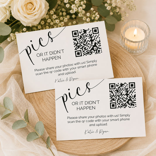 100 "Pics or It Didn't Happen" QR Code Cards | Personalized Wedding Photo Sharing Cards