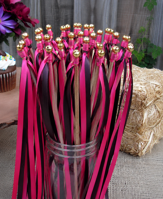 Pink Black Ribbon Wands with Gold Bells for Wedding and Party Send Off