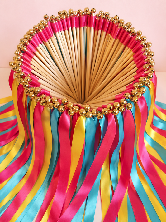 Bold Fiesta Color Ribbon Wands with Gold Bells for Wedding and Party Send Off
