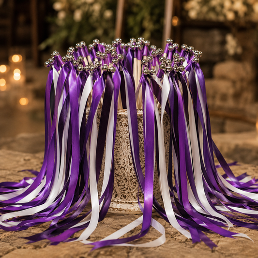 Purple Ribbon Wands with Silver Bells for Wedding and Party Send Off