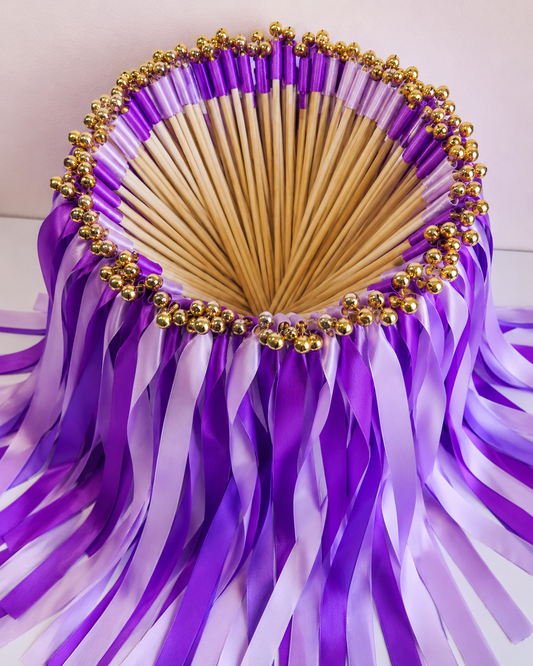 Luxury Purple Ribbon Wands with Gold Bells for Fairytale Wedding Send Off