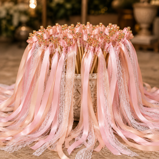 Romantic Blush Pink Lace Ribbon Wands with Gold Bells for Wedding Send Off