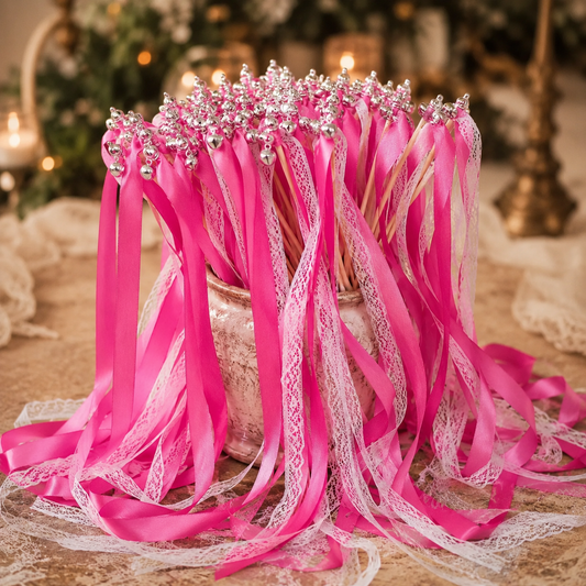 Romantic Hot Pink Lace Ribbon Wands with Silver Bells for Wedding Send Off