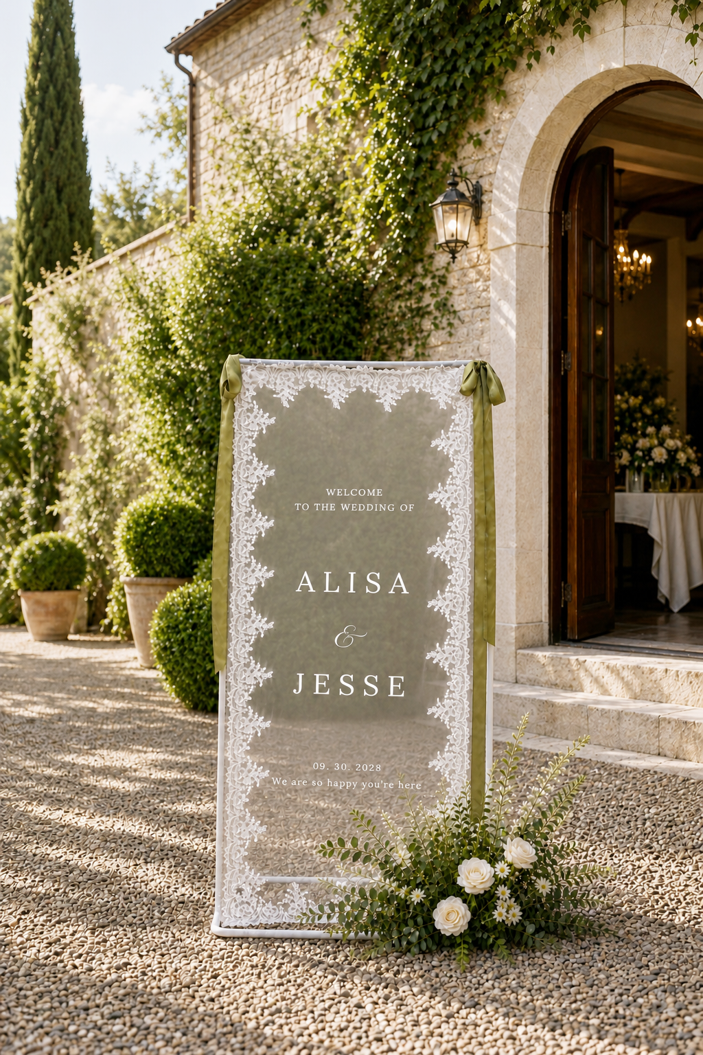 Personalized Wedding Welcome Sign – Sheer Lace Tulle Fabric Banner for Ceremony & Reception
