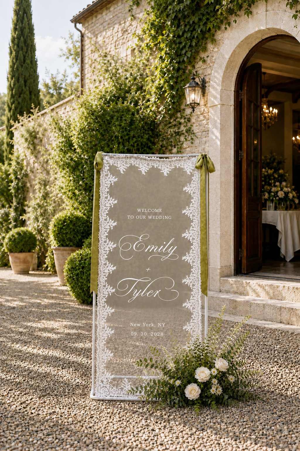 Personalized Wedding Welcome Sign – Sheer Lace Tulle Fabric Banner for Ceremony & Reception