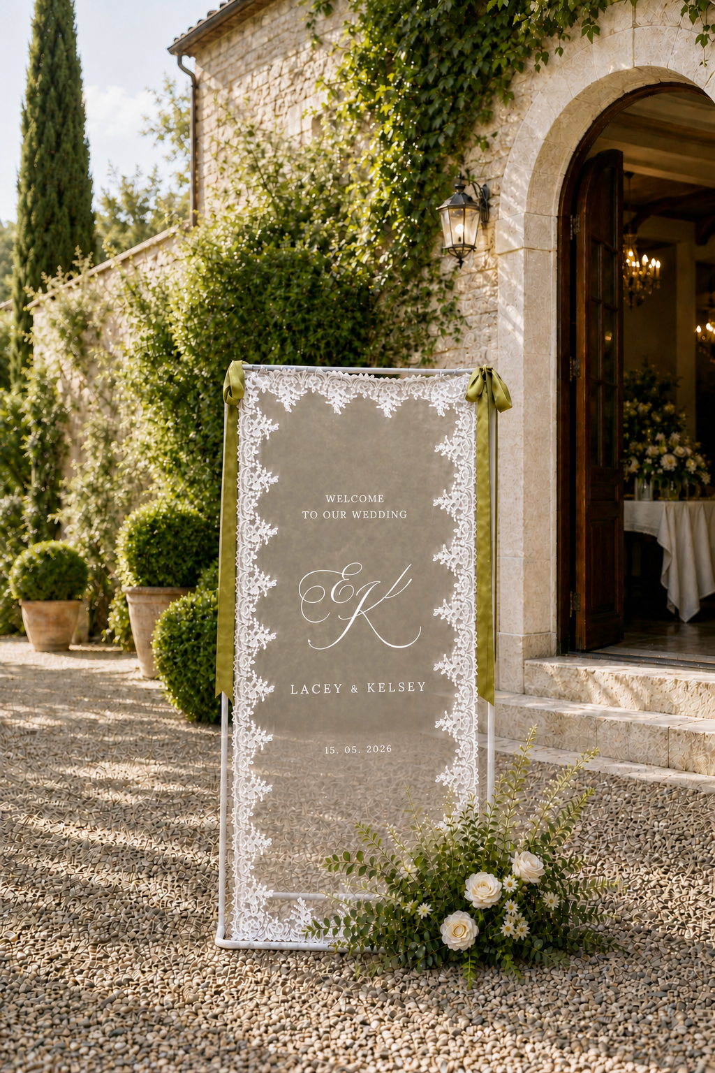 Personalized Wedding Welcome Sign – Sheer Lace Tulle Fabric Banner for Ceremony & Reception