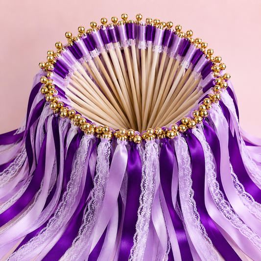 Romantic Purple Lace Ribbon Wands with Gold Bells for Wedding Ceremony Send Off