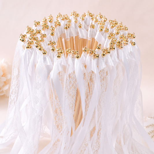 Romantic White Lace Ribbon Wands with Gold Bells for Wedding Ceremony Send Off