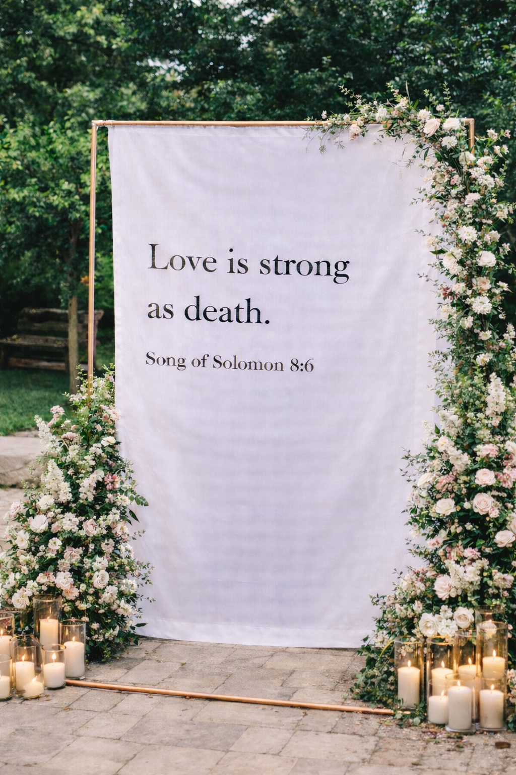 Personalized Wedding Backdrop for Wedding Photography, 'Love is strong as death.' Backdrop
