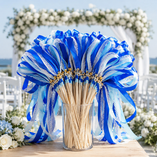 Royal Blue and Aqua Lace Wedding Ribbon Wands with Gold Bells