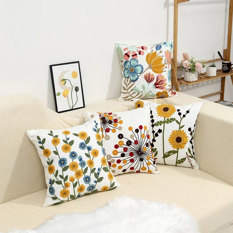 BloomLinen - Embroidered Floral Pillow Cover