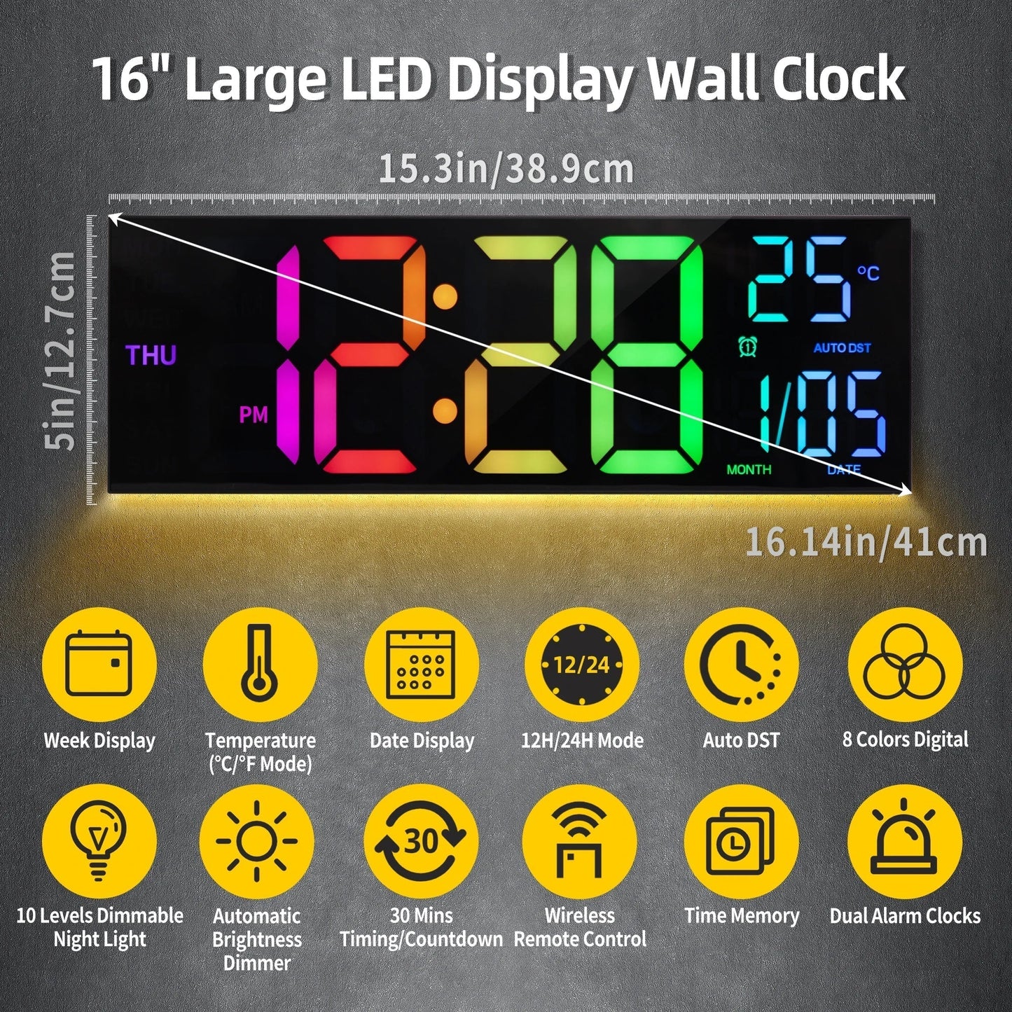 Large LED Digital Wall Clock with RGB Display and Remote Control