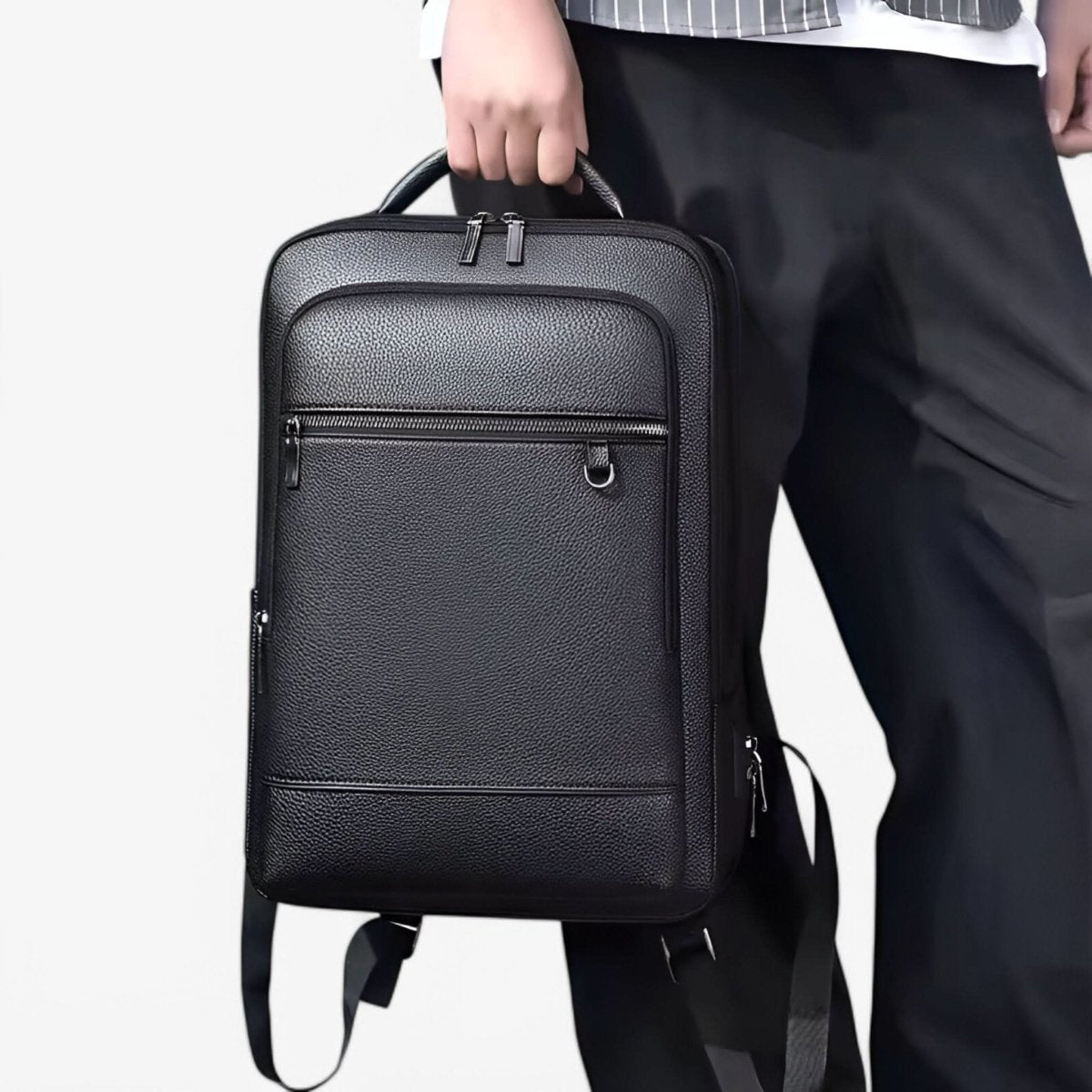 Black Leather Backpack with USB Charging Port for 15.6-Inch Laptop