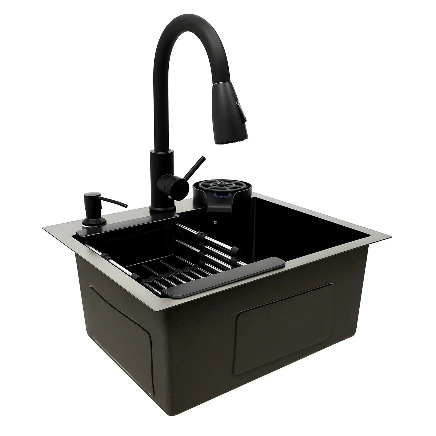 Black Stainless Steel Kitchen Sink with Integrated Accessories and Pull-Out Faucet