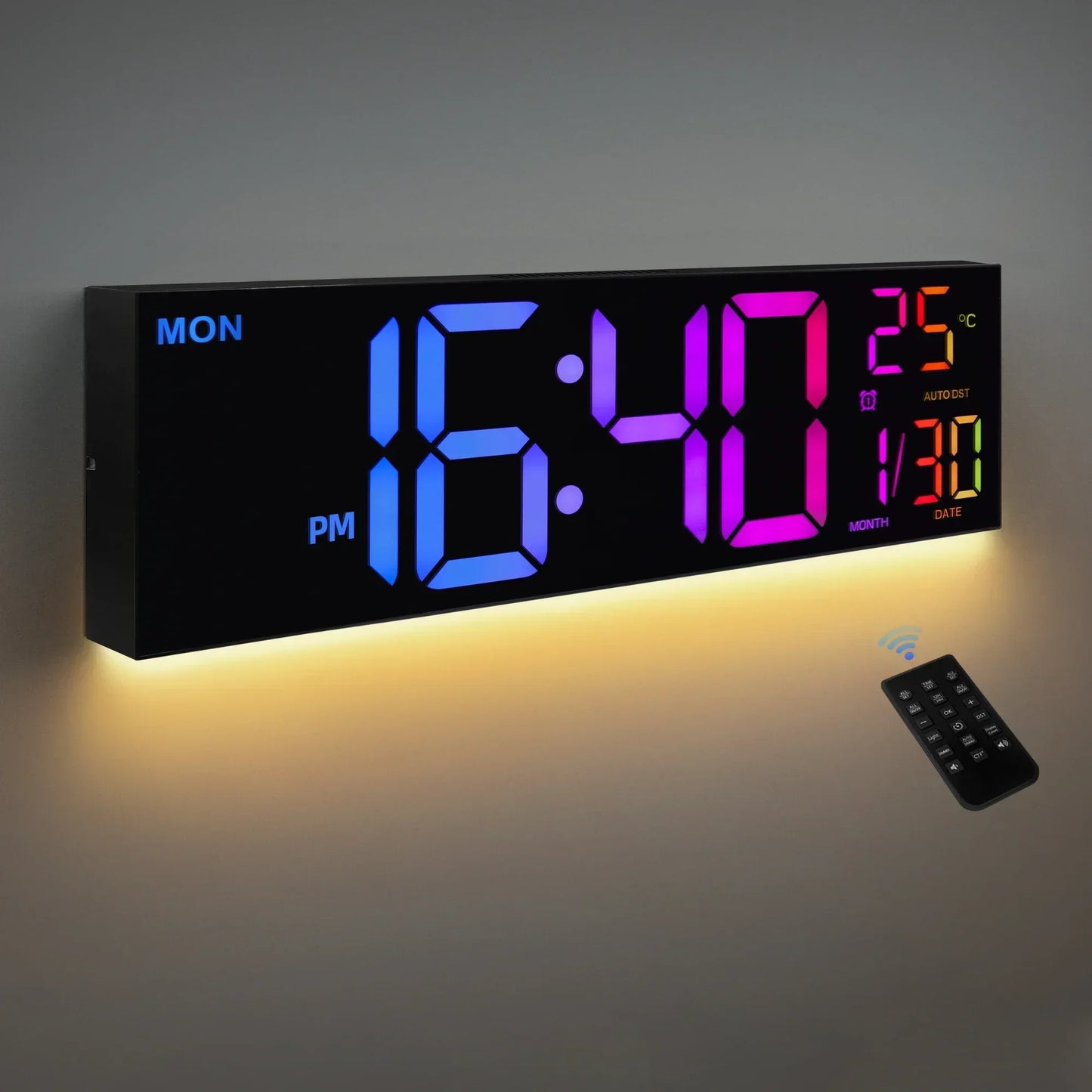 Large LED Digital Wall Clock with RGB Display and Remote Control