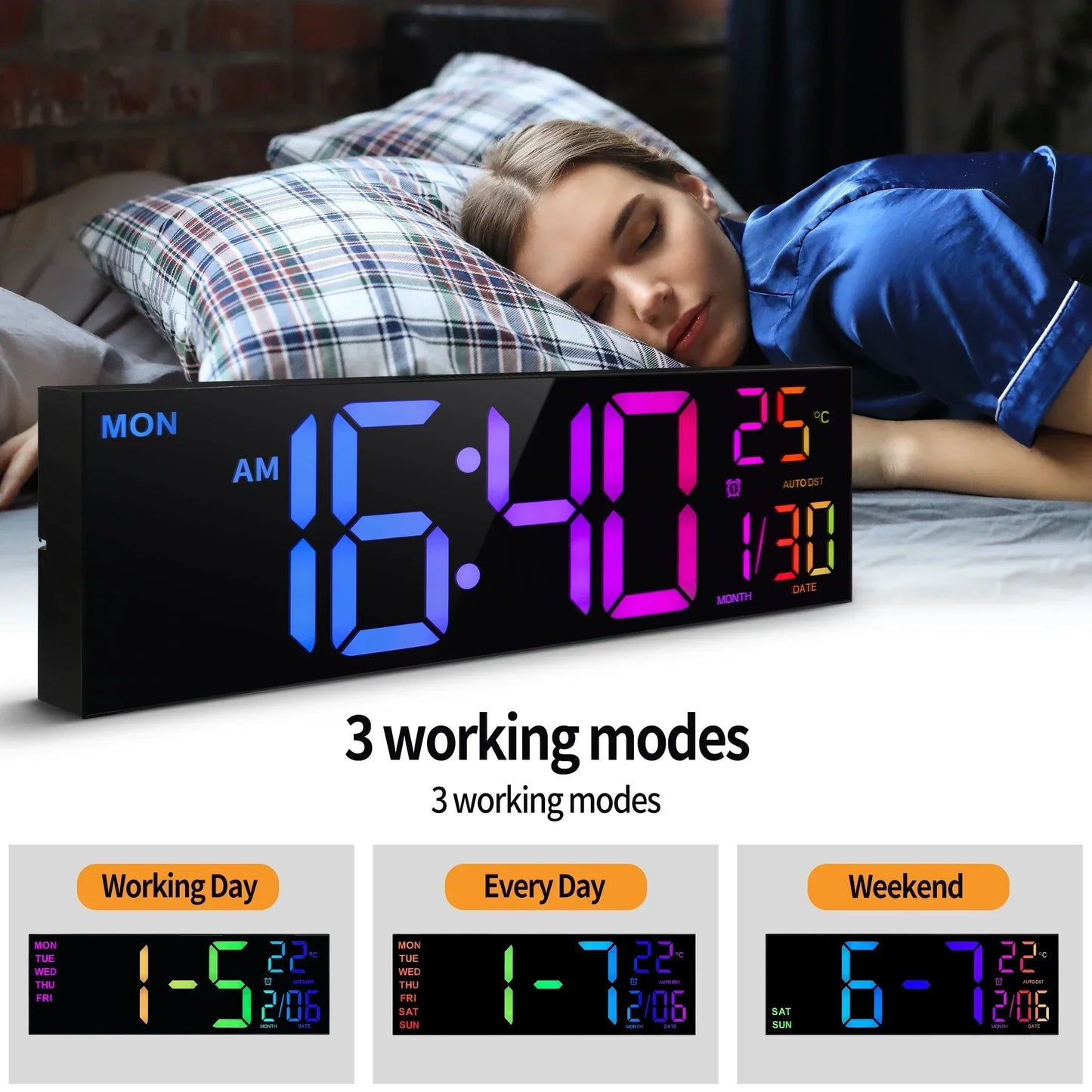 Large LED Digital Wall Clock with RGB Display and Remote Control