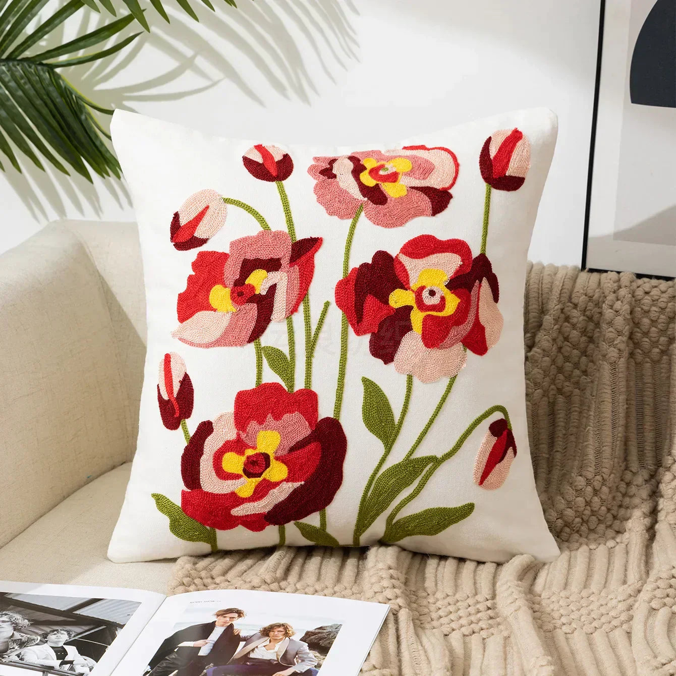BloomLinen - Embroidered Floral Pillow Cover