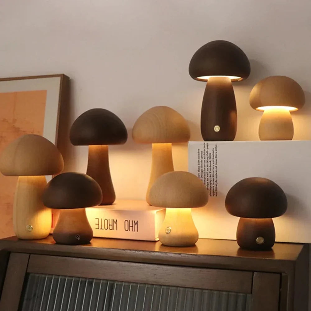 Wooden Mushroom Lamp Night Light for Bedroom & Living Room