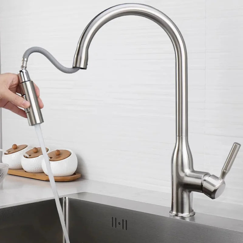 Brushed Brass Kitchen Faucet with Pull-Down Flexible Spring Spout