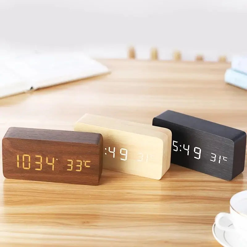 LED Display Digital Alarm Clock in Wooden Design