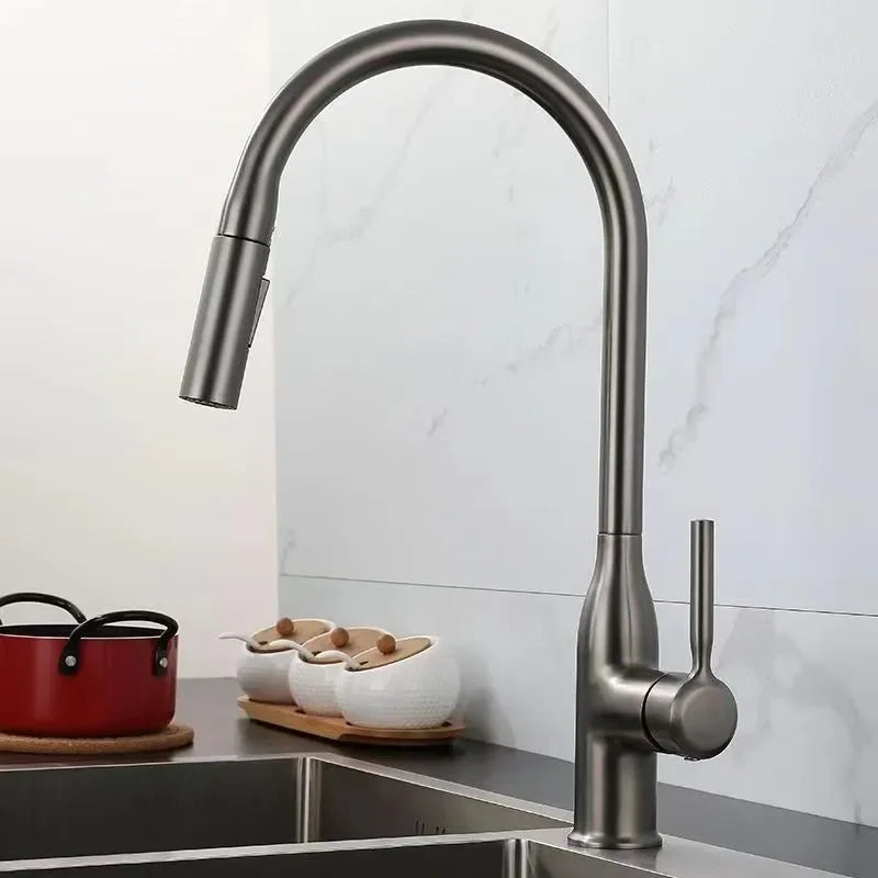 Brushed Brass Kitchen Faucet with Pull-Down Flexible Spring Spout