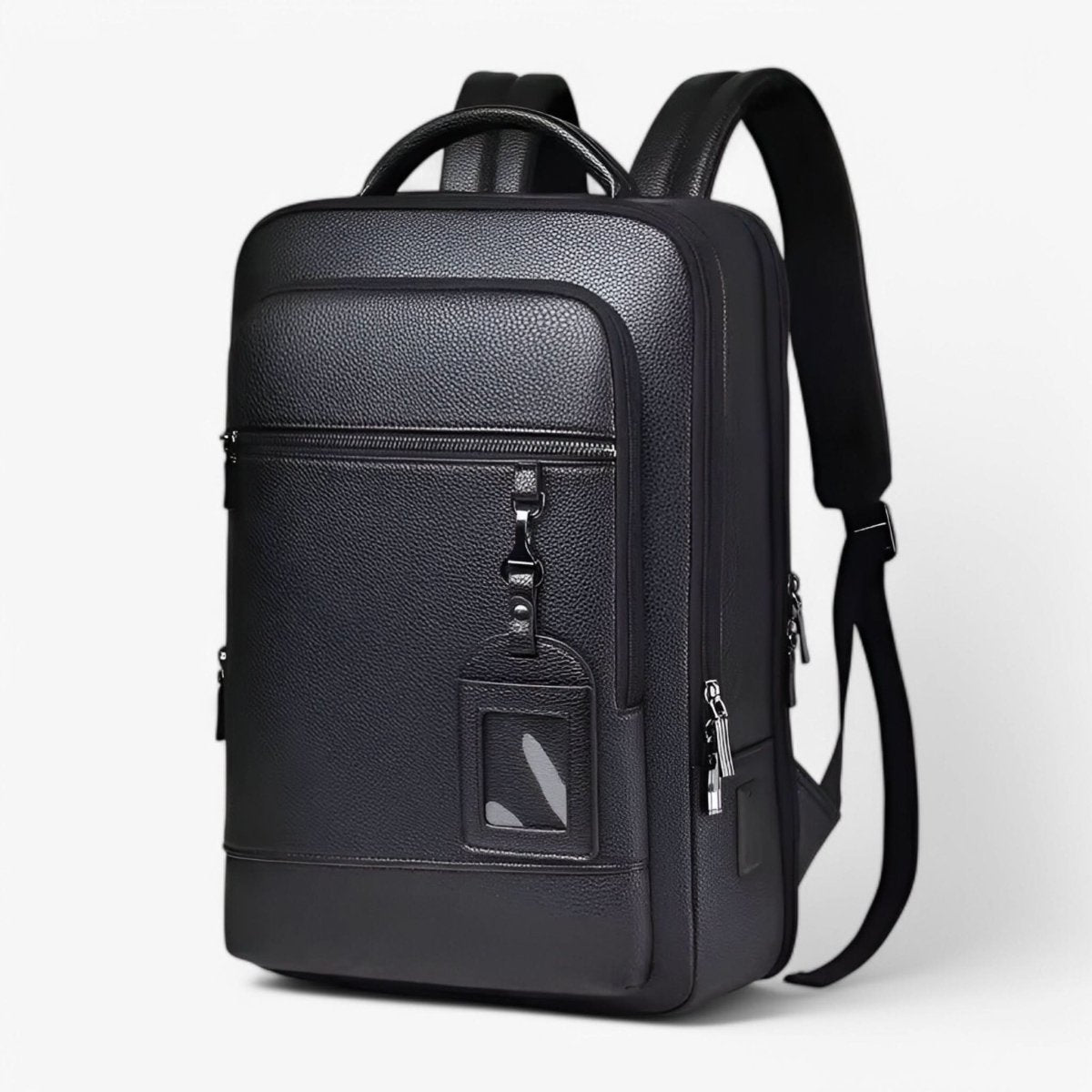 Black Leather Backpack with USB Charging Port for 15.6-Inch Laptop