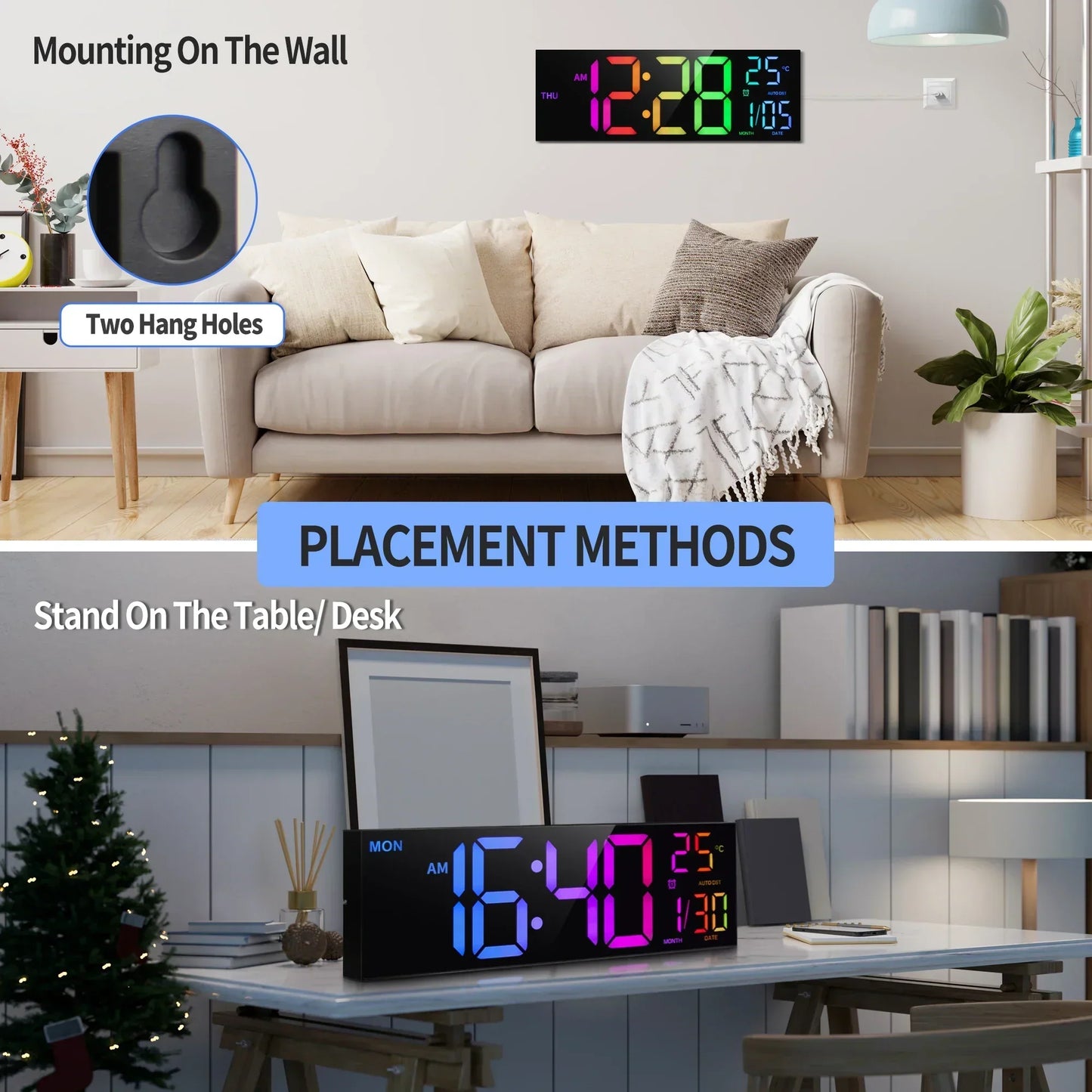 Large LED Digital Wall Clock with RGB Display and Remote Control