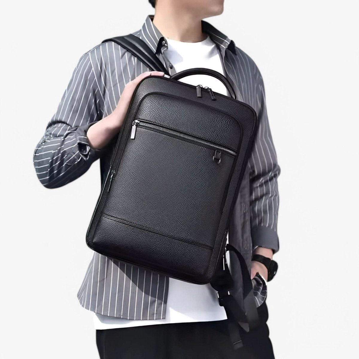 Black Leather Backpack with USB Charging Port for 15.6-Inch Laptop