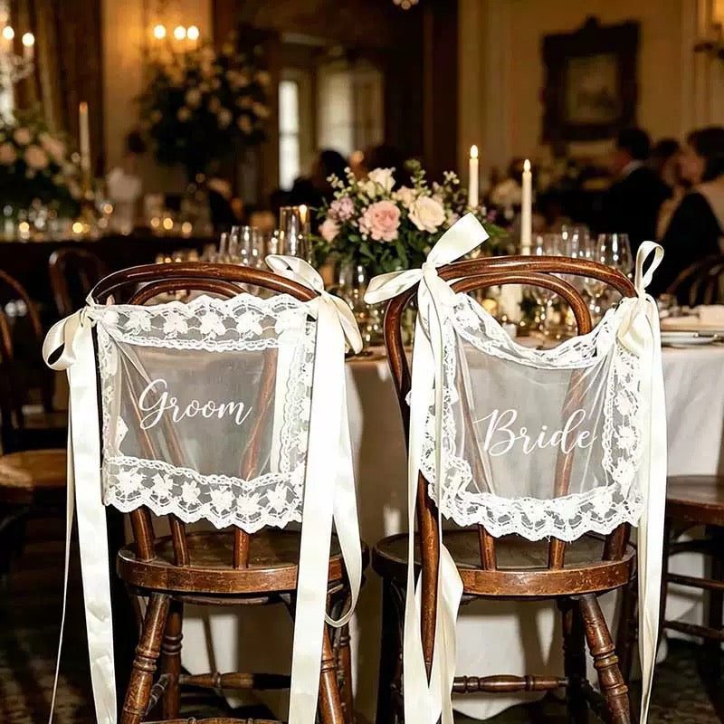 Sheer Lace Just Married Signs for Chairs / Bride & Groom Table Sign Decor