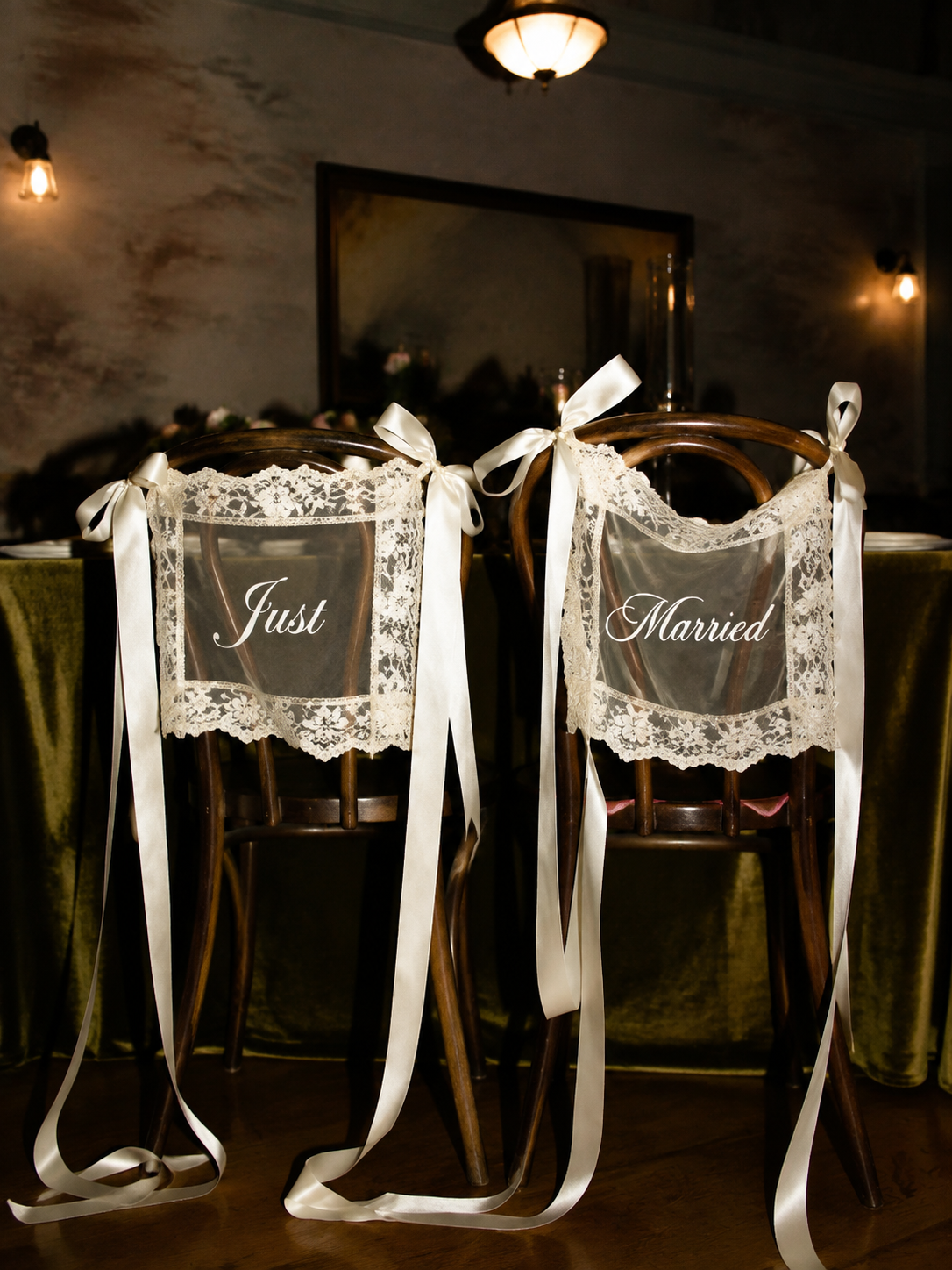 Sheer Lace Just Married Signs for Chairs / Bride & Groom Table Sign Decor