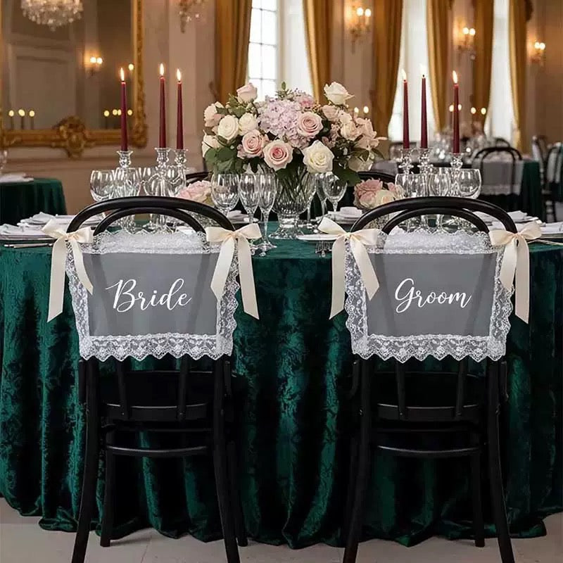 Sheer Lace Just Married Signs for Chairs / Bride & Groom Table Sign Decor
