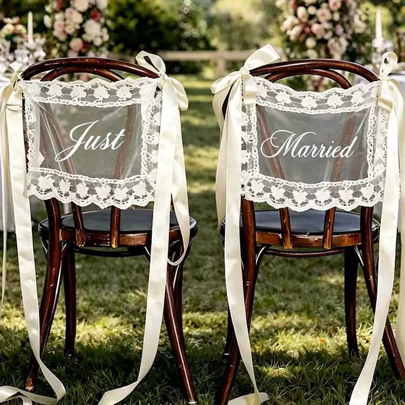 Sheer Lace Just Married Signs for Chairs / Bride & Groom Table Sign Decor