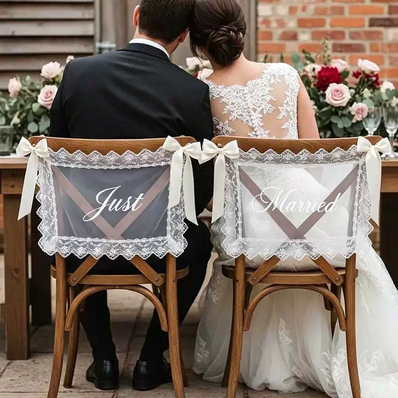 Sheer Lace Just Married Signs for Chairs / Bride & Groom Table Sign Decor