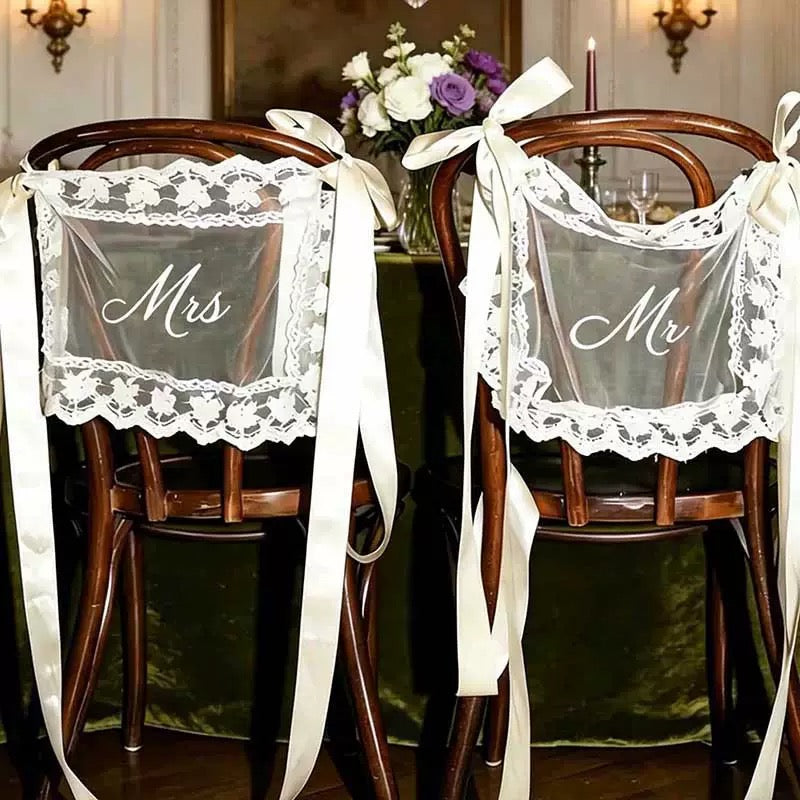 Sheer Lace Just Married Signs for Chairs / Bride & Groom Table Sign Decor