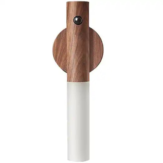 Rechargeable sensor wall light — product shot in dark walnut wood with frosted white shade