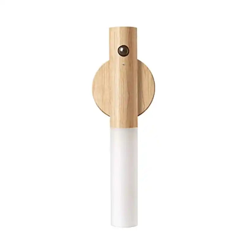 Rechargeable sensor wall light — product shot in light oak wood with frosted white shade