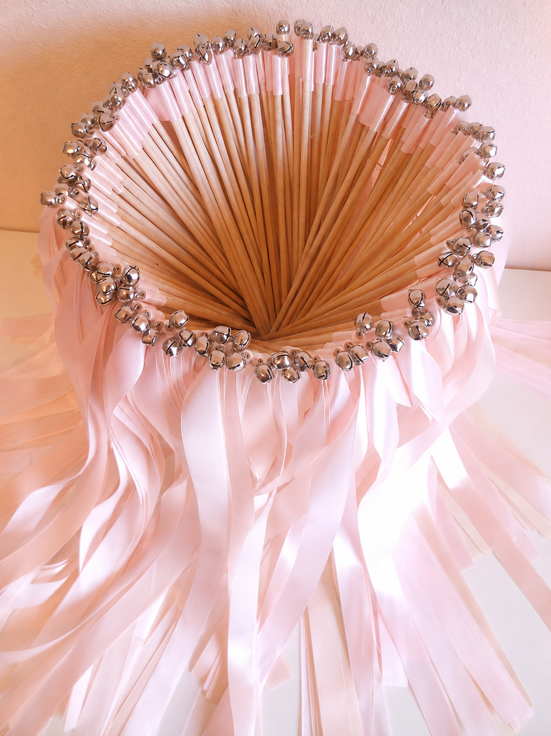 Soft Blush Pink Ribbon Wands with Silver Bells for Romantic Wedding Send Off