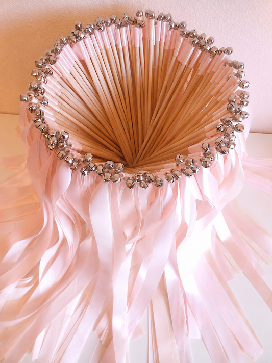 Soft Blush Pink Ribbon Wands with Silver Bells for Romantic Wedding Send Off