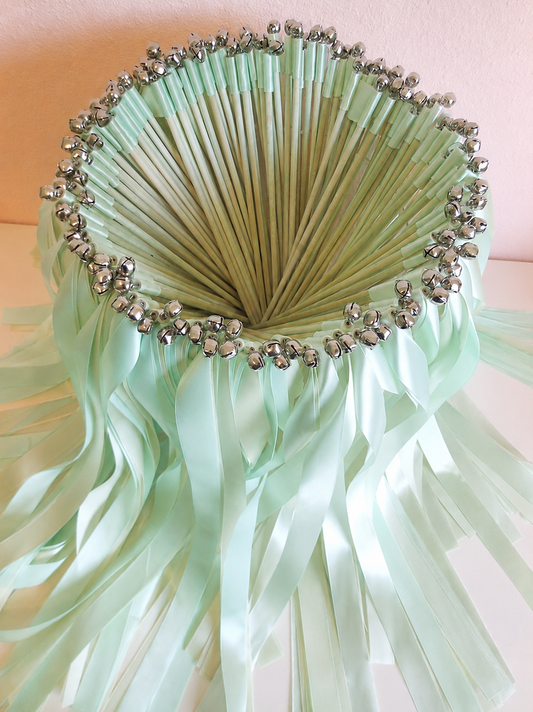 Soft Mint Green Ribbon Wands with Silver Bells for Spring Wedding Send Off