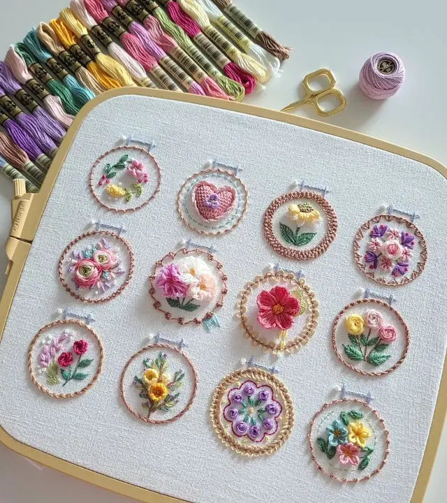 Embroidery Kit Featuring 12 Floral Designs | All-Inclusive Set | Ready for Use | NeedleNest
