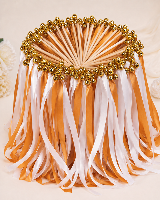 Luxury Burnt Orange Ribbon Wands with Gold Bells for Fall Wedding Send Off