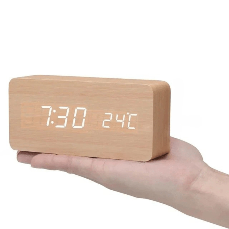 Minimalist Wooden LED Clock with Voice Activation and Clap Control