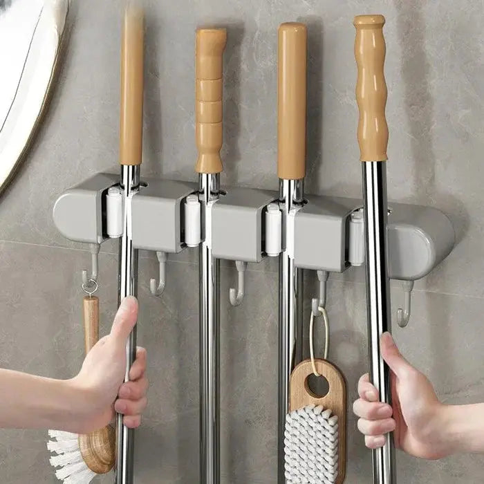 Wall-Mounted Mop and Broom Holder with Hooks (Multi-Slot Organizer)