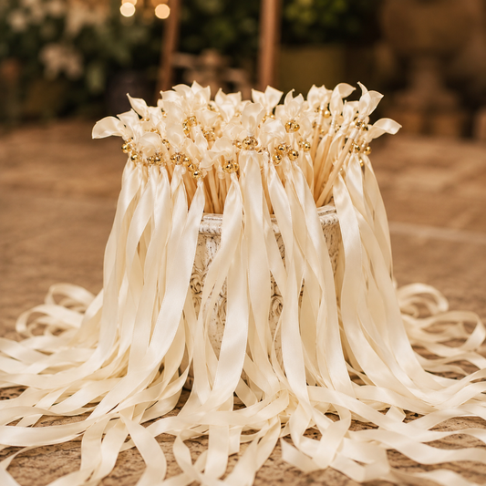 Luxury Cream Satin Ribbon Wands with Gold Bells for Wedding Send Off