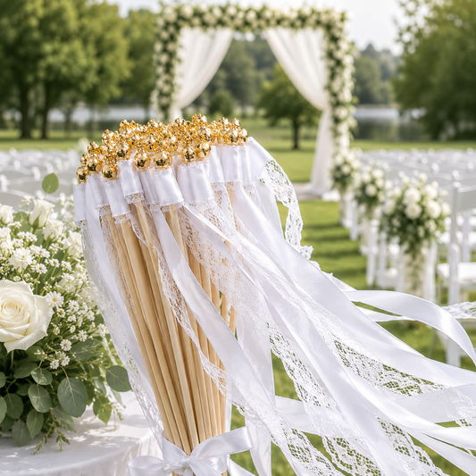 White Lace Ribbon Wands with Gold Bells for Outdoor Wedding Send Off