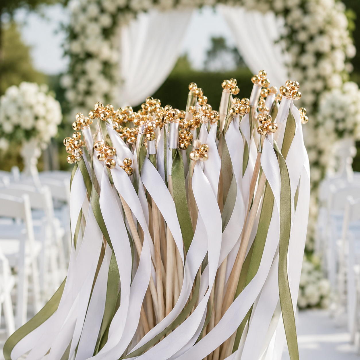 Elegant White and Olive Green Wedding Ribbon Wands with Gold Bells