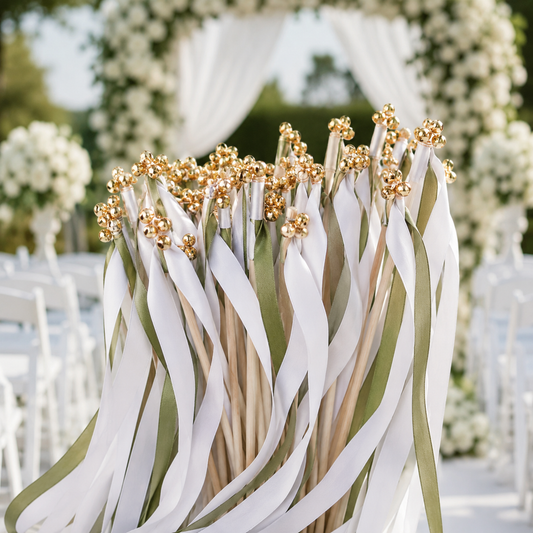 Elegant White and Olive Green Wedding Ribbon Wands with Gold Bells