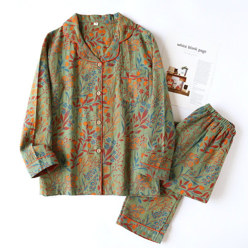 Ownkoti Vintage Leaf Cotton Lapel Loungewear Set - Green & Orange - 2XL - image 13