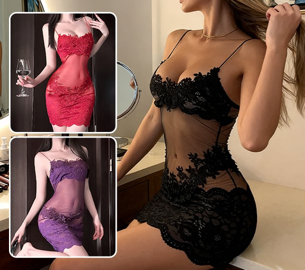 EmberaLuxe™ – Sheer Floral Lace Nightdress with Matching Thong