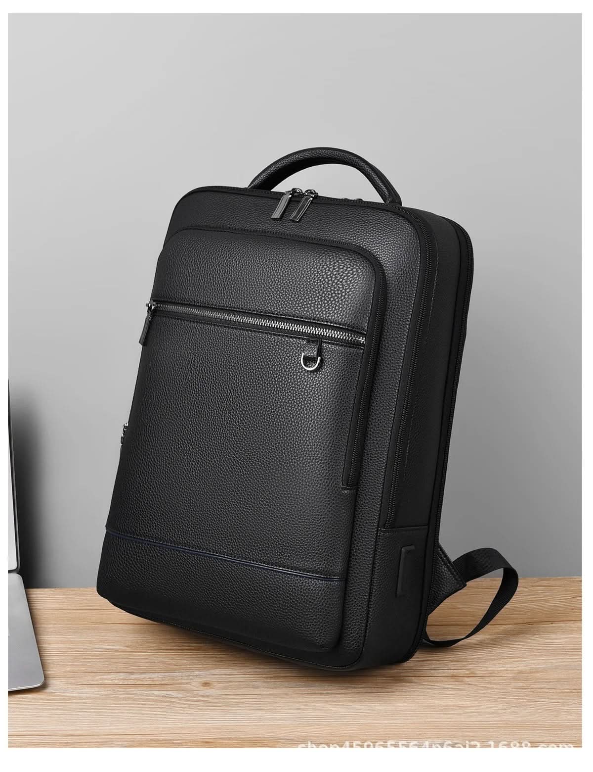 Black Leather Backpack with USB Charging Port for 15.6-Inch Laptop